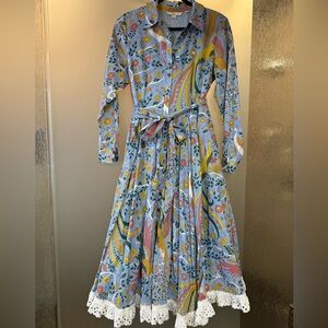 Boden Long Sleeve Midi Floral Dress - Blue and Yellow